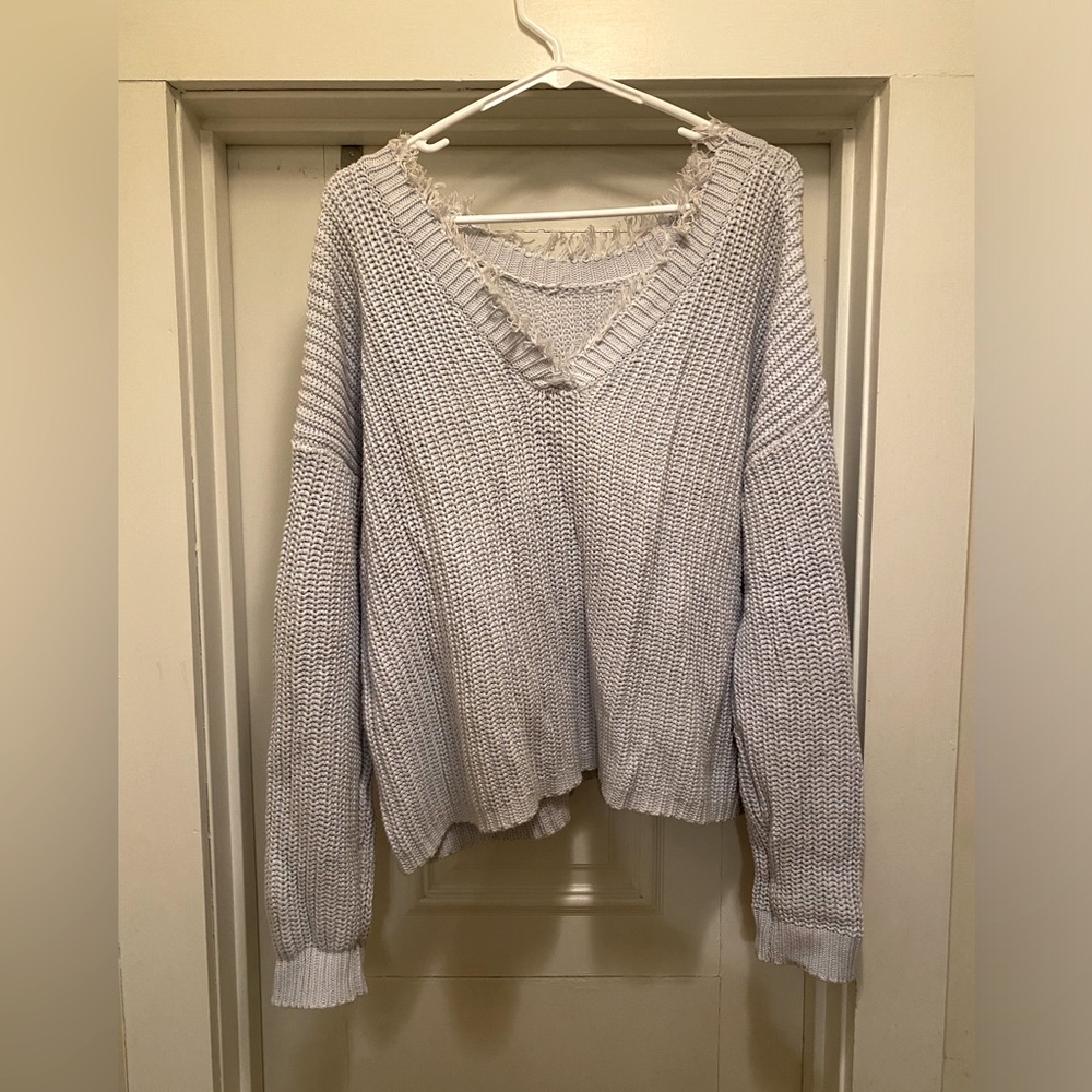 525 American Distressed Collar V Neck Reversible Sweater